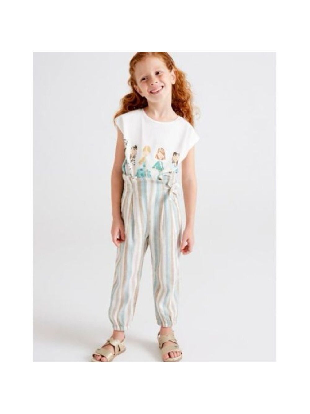 Size 9 Girls Mayoral Kids Striped Casual Pants - Blue and Tan